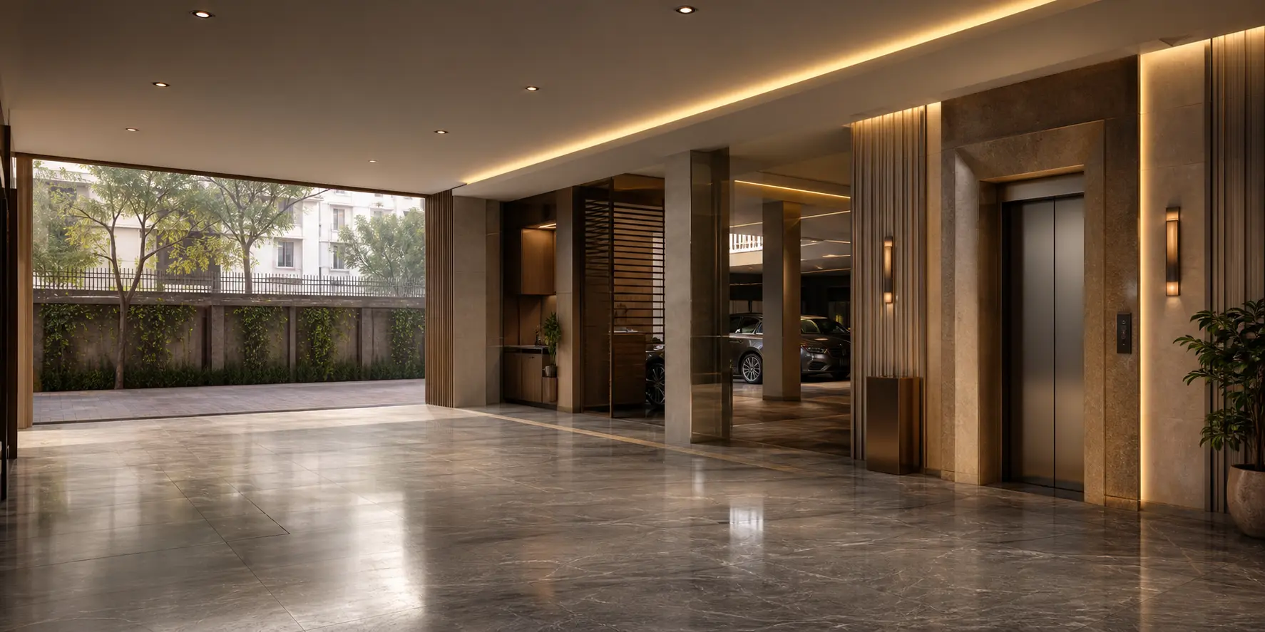 Rendered potential stilt arrival lobby with lift and covered parking